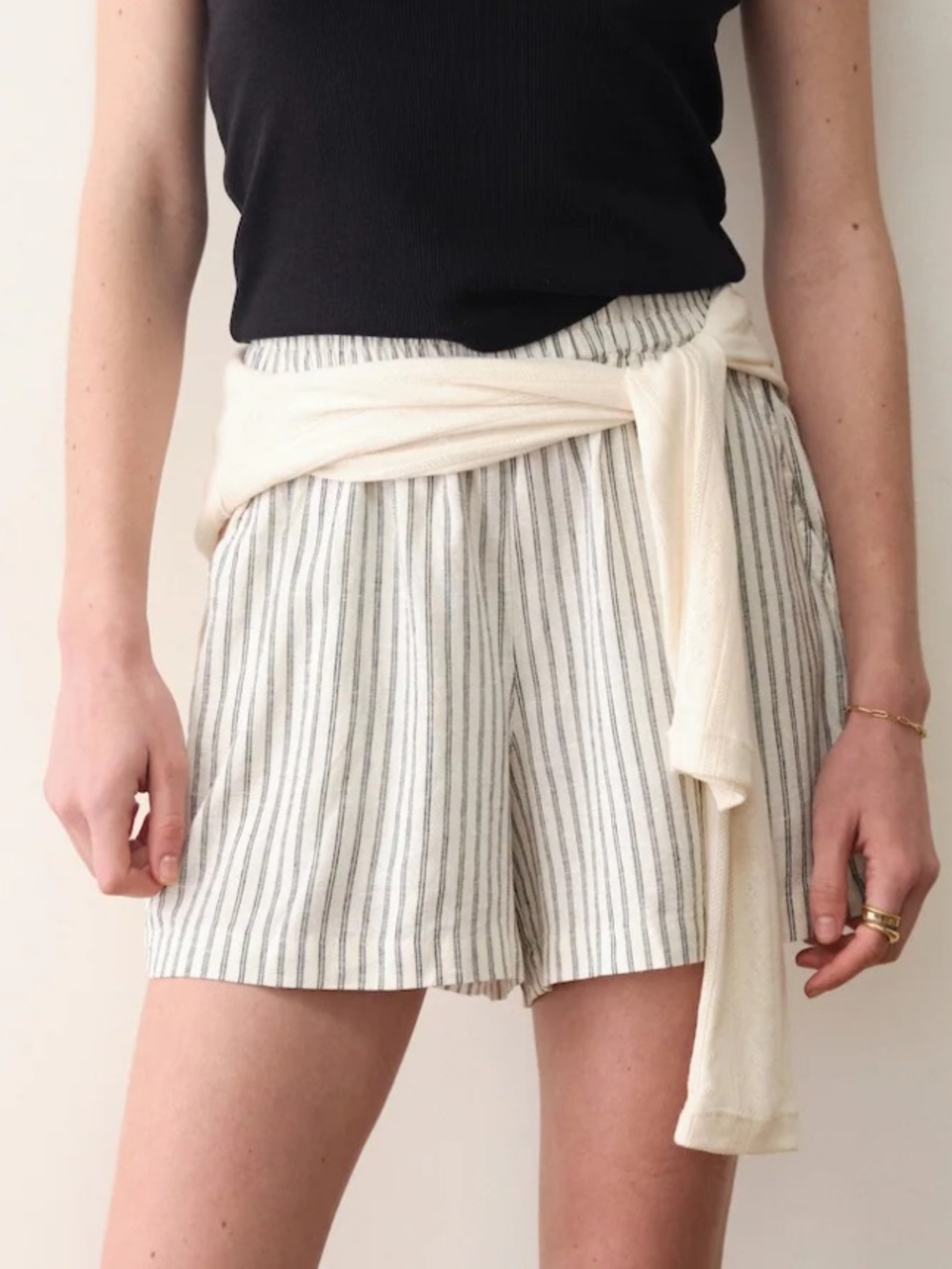Marine Layer Allison Hemp Shorts Natural/Blue Stripe Sz Large